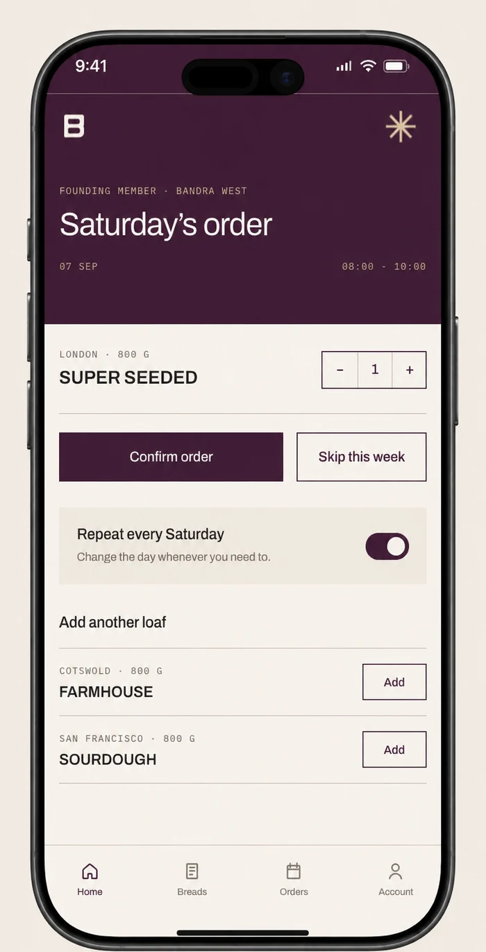 Breadwell member app showing a Saturday delivery, loaf selection and repeat-order controls